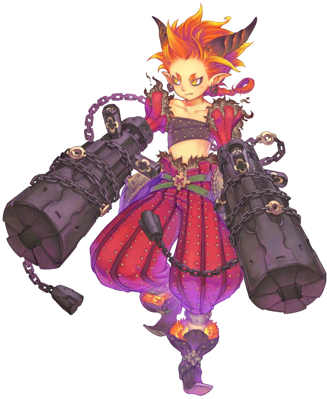 rempo, avalon code, highres, official art, chain, demon, elf, horns, pointy ears, red hair