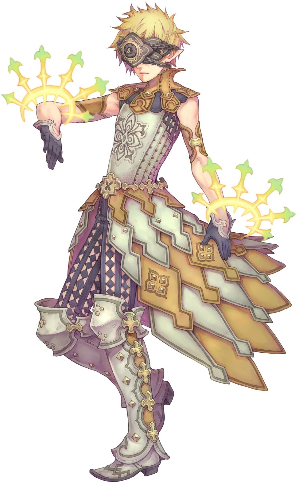 ur, avalon code, highres, official art, tagme, armor, blindfold, blonde hair, elf, gloves, pointy ears, solo