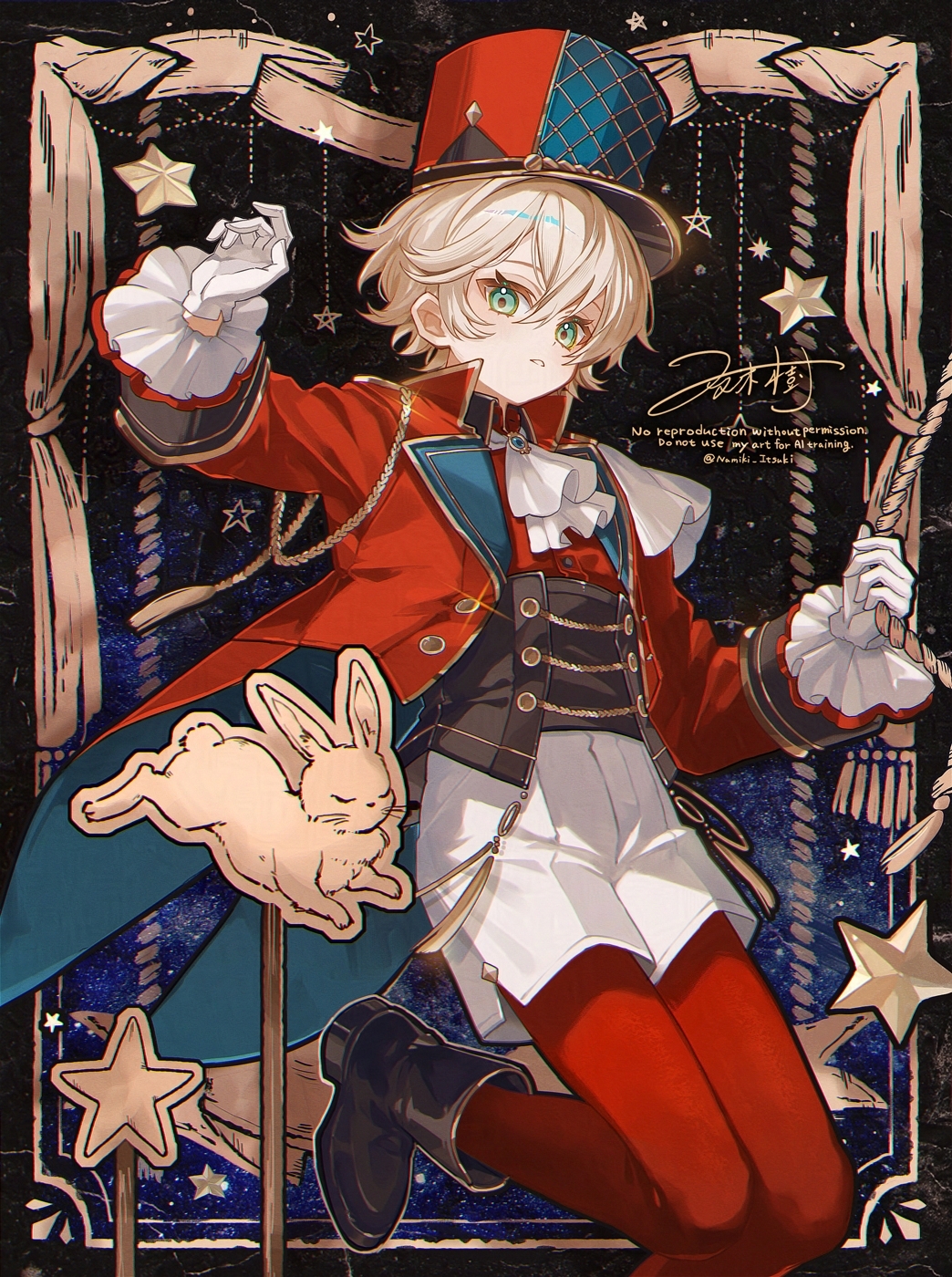 namiki itsuki, original, highres, 1boy, ascot, black boots, blonde hair, boots, coat, coattails, gloves, green eyes, long sleeves, looking at viewer, male focus, open clothes, open coat, pantyhose, rabbit, red coat, red pantyhose, shorts, solo, star (symbol), white ascot, white gloves, white shorts