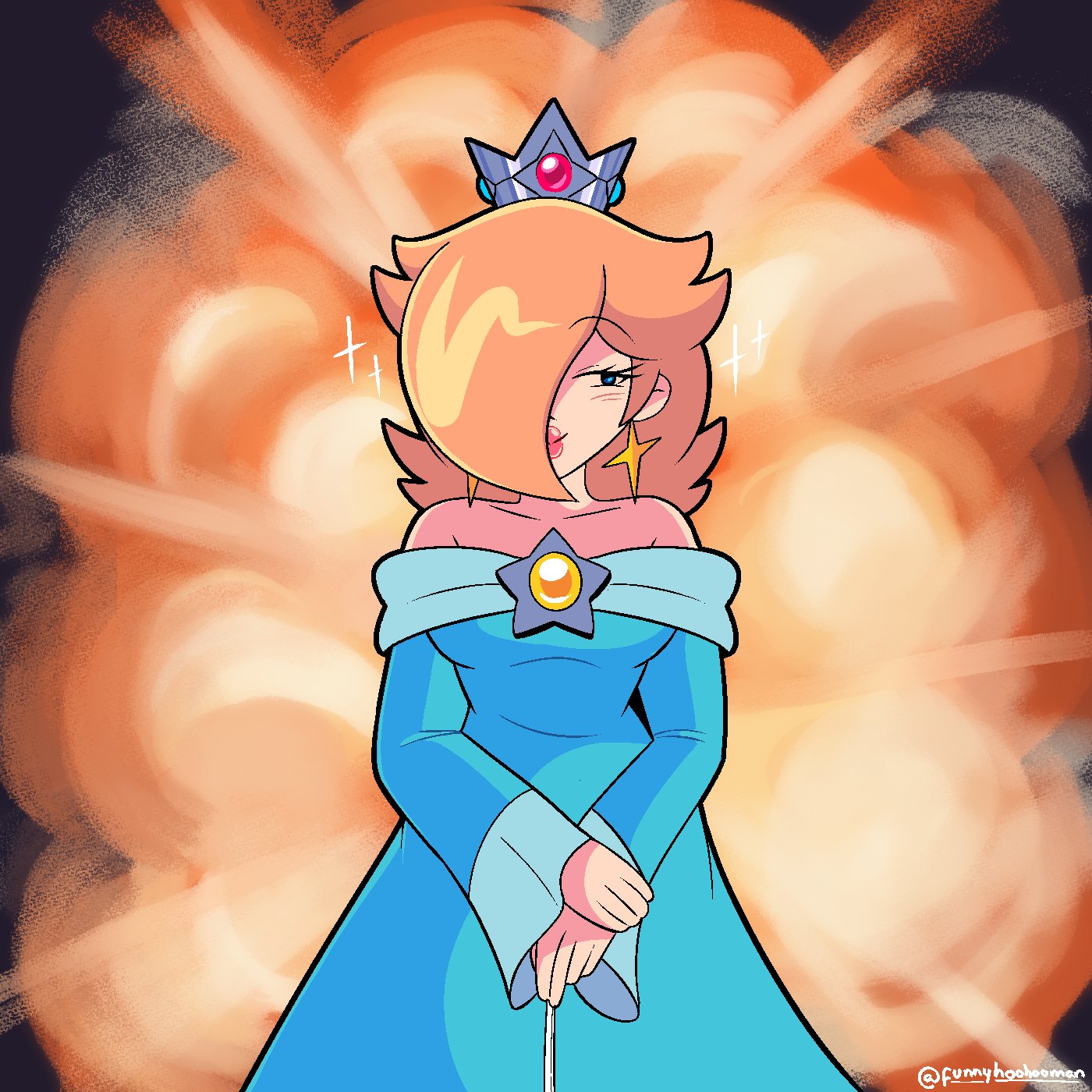 mayo (funnyhoohooman), rosalina, mario (series), nintendo, the super mario galaxy movie, commentary, english commentary, highres, 1girl, bare shoulders, blonde hair, blue dress, blue eyes, brooch, closed mouth, crown, dress, earrings, explosion, facing viewer, hair over one eye, jewelry, long sleeves, looking to the side, off-shoulder dress, off shoulder, smile, solo, star (symbol), star brooch, star earrings, twitter username