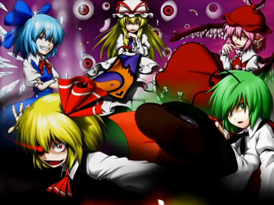 cirno, mystia lorelei, rumia, wriggle nightbug, yakumo yukari, touhou, 5girls, antennae, blonde hair, blue hair, dress, earrings, fang, female focus, gradient background, green eyes, green hair, hat, jewelry, multiple girls, pink hair, red eyes, ribbon, wings