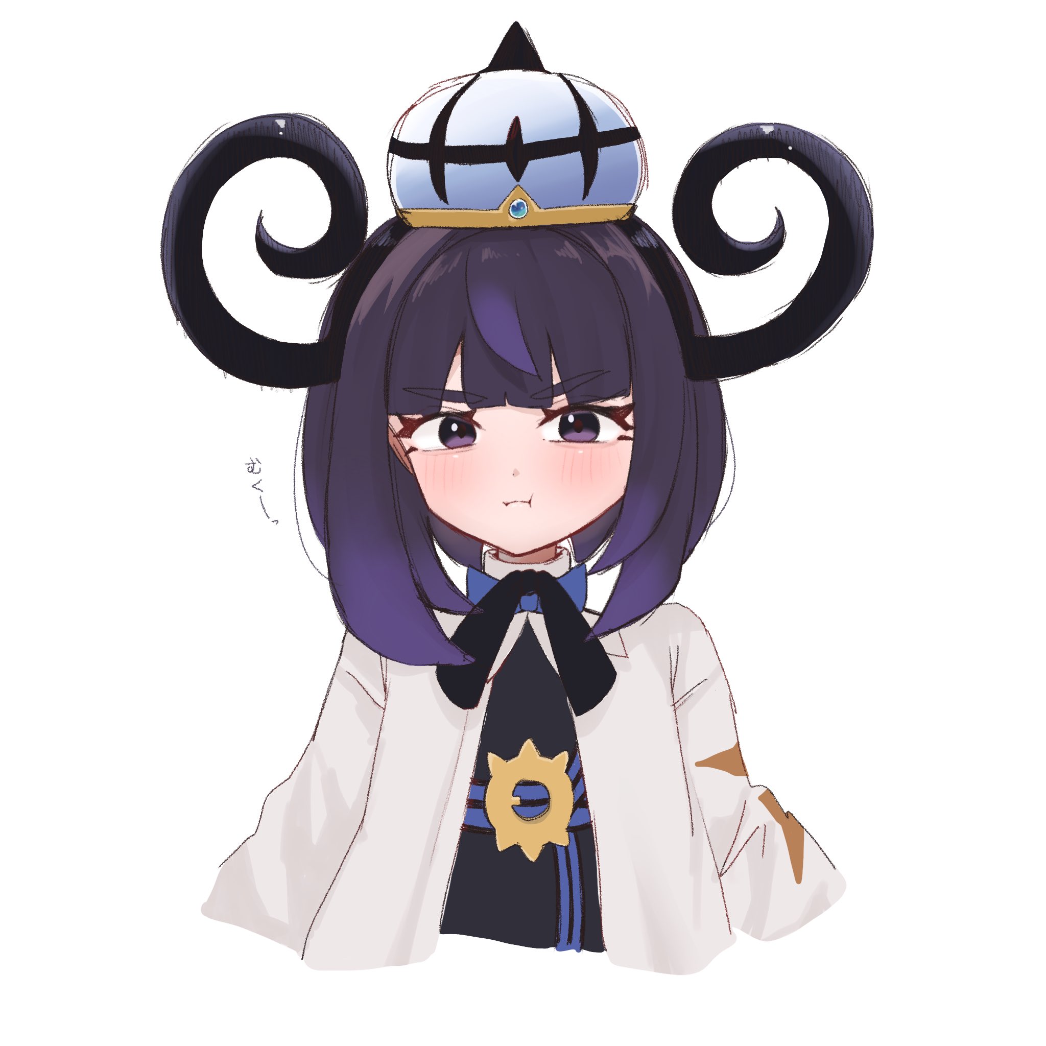 gwynn (pokemon), nintendo, pokemon, pokemon legends: z-a, commentary request, highres, 1girl, annoyed, belt, belt buckle, black dress, black eyes, black hair, black ribbon, blunt bangs, blush, bob cut, buckle, closed mouth, coat, cropped torso, dress, eyelashes, gradient hair, hat, jsd 0803, long sleeves, looking at viewer, multicolored hair, neck ribbon, o-ring, o-ring belt, open clothes, open coat, pout, purple hair, ribbon, short hair, solo, upper body, white background, white coat