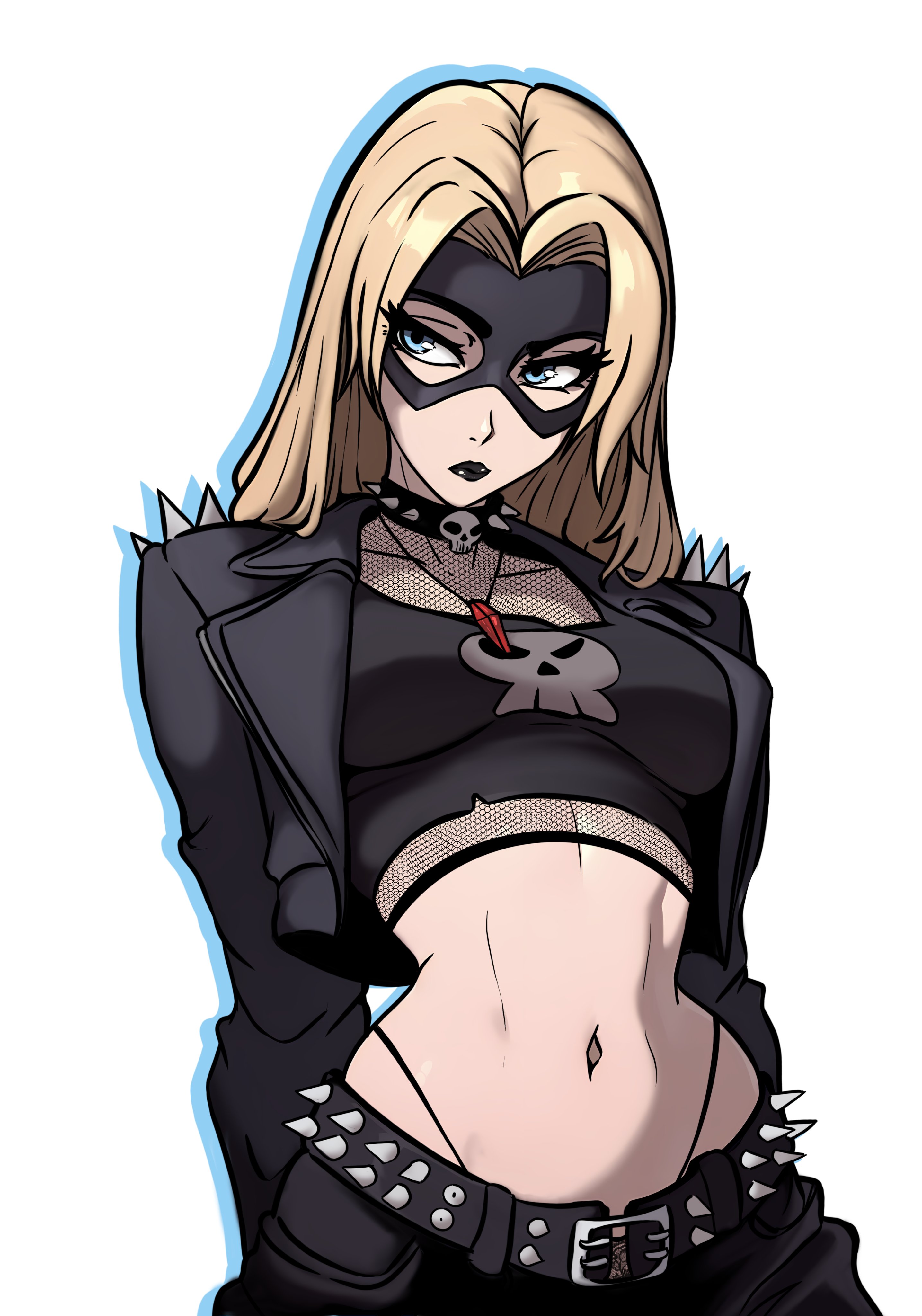 redpostit, blonde blazer, dispatch, absurdres, highres, black lips, blonde hair, blue eyes, choker, crop top, cropped jacket, eye mask, fishnets, goth fashion, mask, narrow waist, navel, skull, skull choker, spiked belt, spiked choker, spiked jacket, spikes