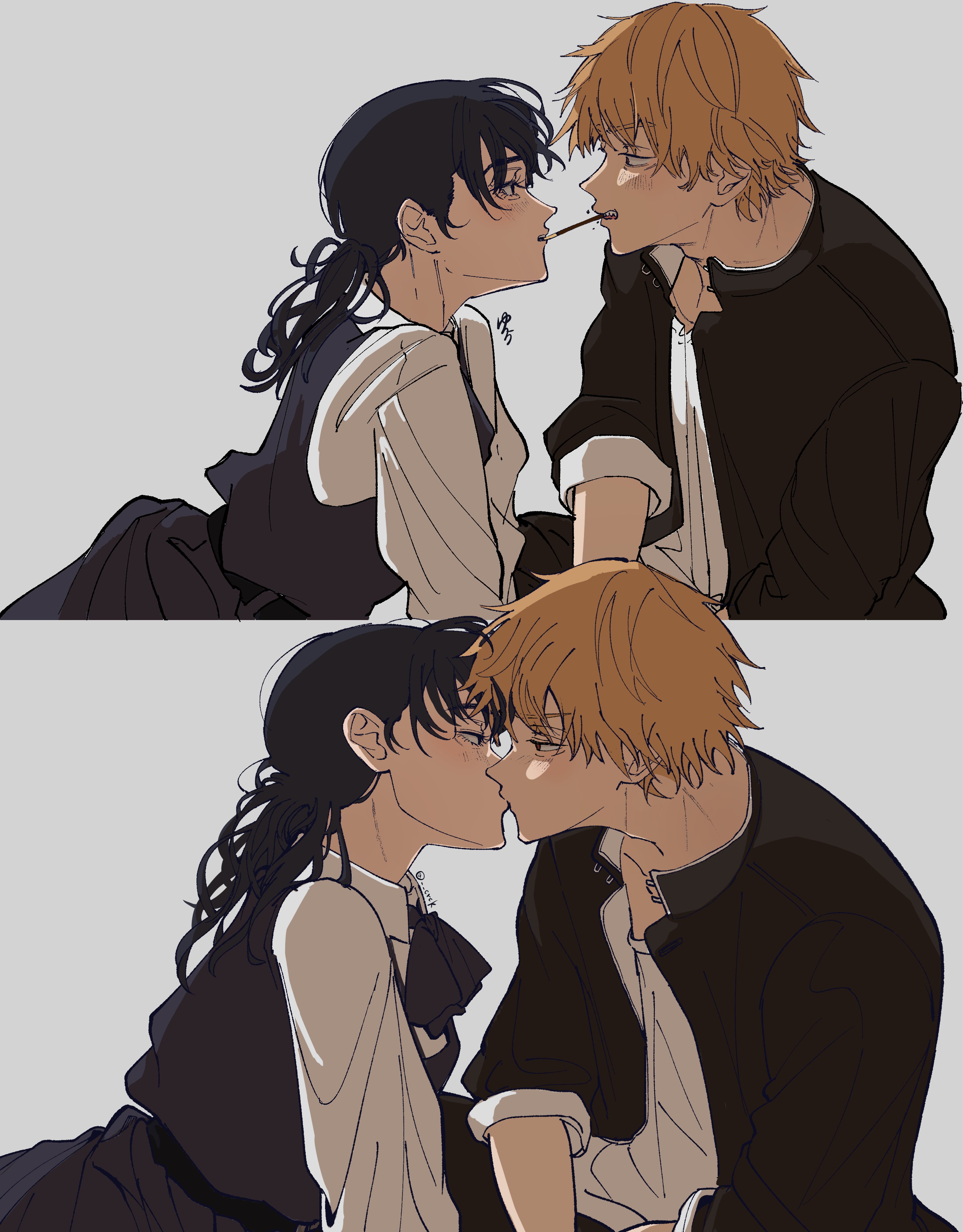 yurayuracocco, denji (chainsaw man), mitaka asa, chainsaw man, absurdres, highres, 1boy, 1girl, black dress, black hair, blonde hair, dress, food, fourth east high school uniform, gakuran, kiss, long hair, pinafore dress, pocky, pocky kiss, school uniform, shared food, shirt, sleeveless, sleeveless dress, white shirt
