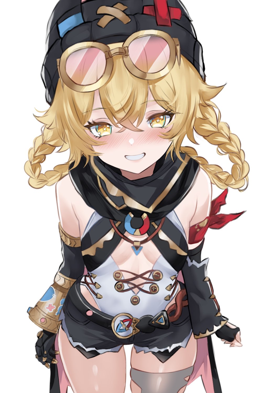cobra (cobra 63), jahoda (genshin impact), genshin impact, highres, 1girl, black hat, blonde hair, braid, braided hair rings, breasts, center opening, eyewear on head, goggles, goggles on head, grin, hair rings, hat, looking at viewer, mechanical arms, pink-tinted eyewear, prosthesis, prosthetic arm, single mechanical arm, small breasts, smile, solo, star-shaped pupils, star (symbol), symbol-shaped pupils, thighhighs, tinted eyewear, torn clothes, torn thighhighs, underboob, x hat ornament, yellow eyes