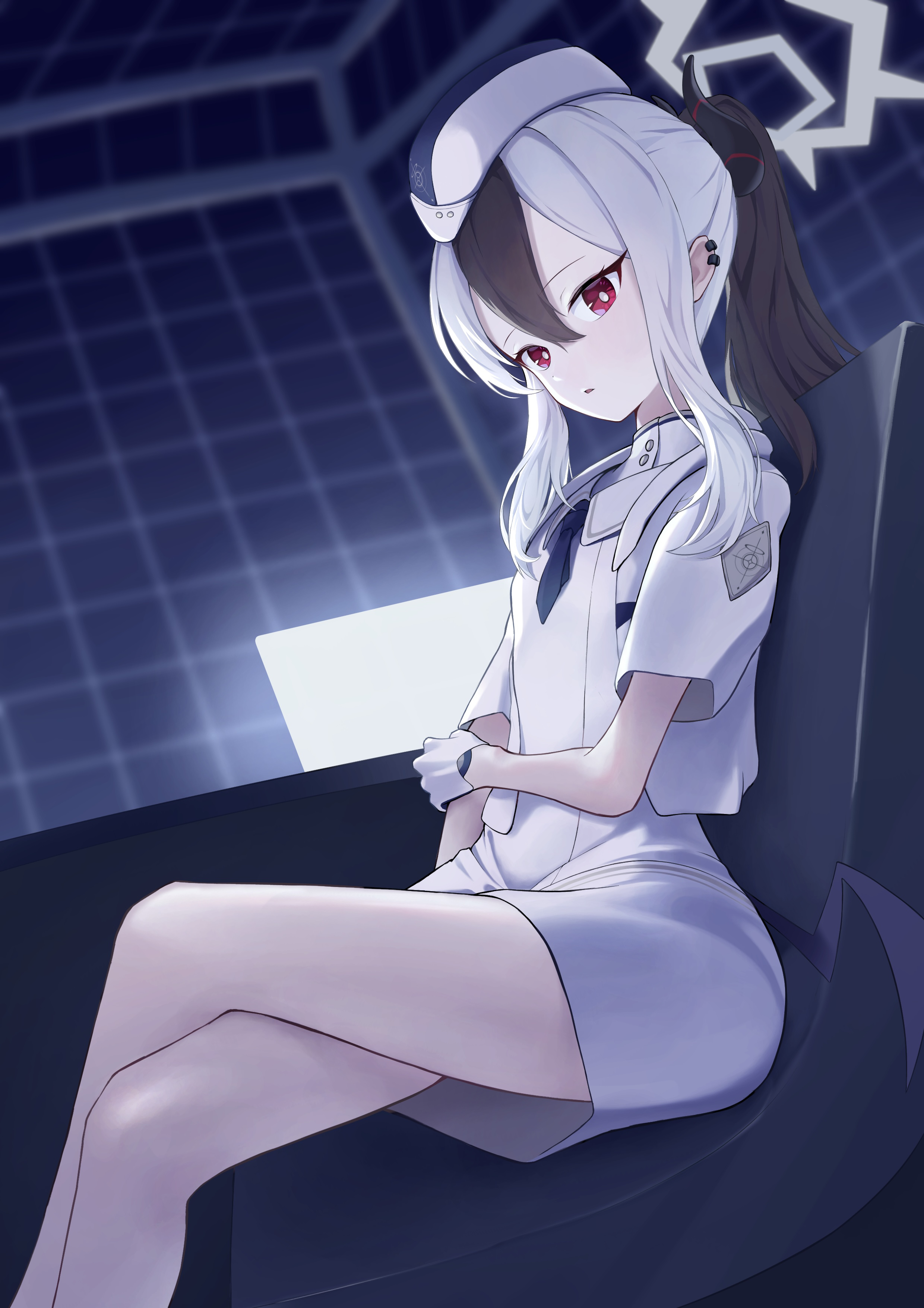aimo wotku, kayoko (blue archive), blue archive, absurdres, commentary, highres, 1girl, black hair, black horns, blurry, blurry background, bright pupils, chair, crossed legs, demon girl, demon horns, demon wings, double-parted bangs, dress, dutch angle, ear piercing, feet out of frame, garrison cap, gloves, grey halo, hair between eyes, halo, hat, holding own arm, horns, indoors, long hair, looking at viewer, low wings, multicolored hair, official alternate costume, on chair, parted lips, piercing, ponytail, red eyes, short dress, short sleeves, sidelocks, single wing, sitting, solo, straight hair, tsurime, two-tone hair, white dress, white gloves, white hair, white hat, white pupils, wings