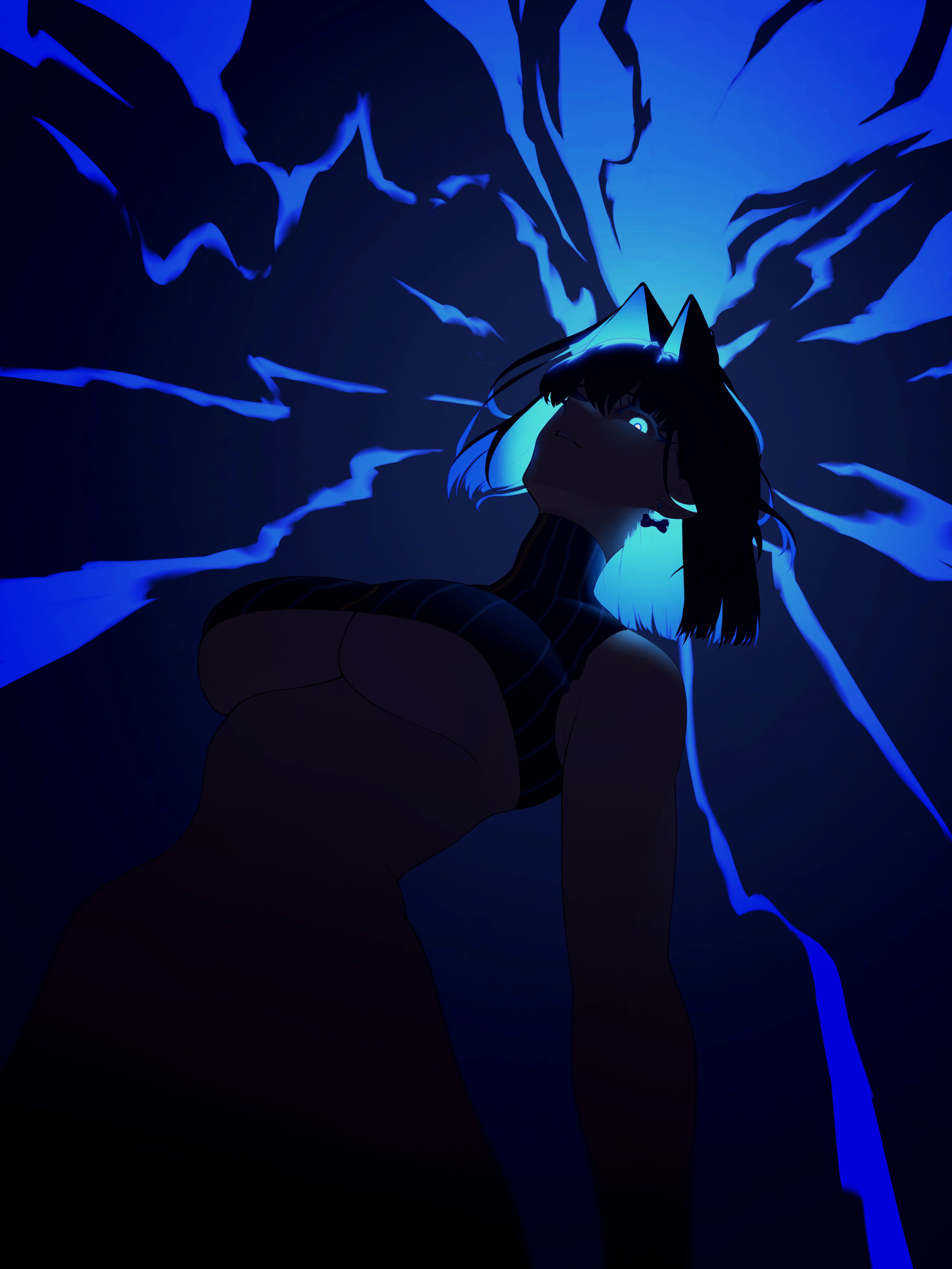 ethernia345, ouro kronii, ouro kronii (1st costume), hololive, hololive english, absurdres, hashtag-only commentary, highres, 1girl, black hair, blue eyes, blue hair, bow, bow earrings, breasts, clothing cutout, colored inner hair, earrings, hair intakes, jewelry, large breasts, medium hair, multicolored hair, solo, underboob, underboob cutout, virtual youtuber