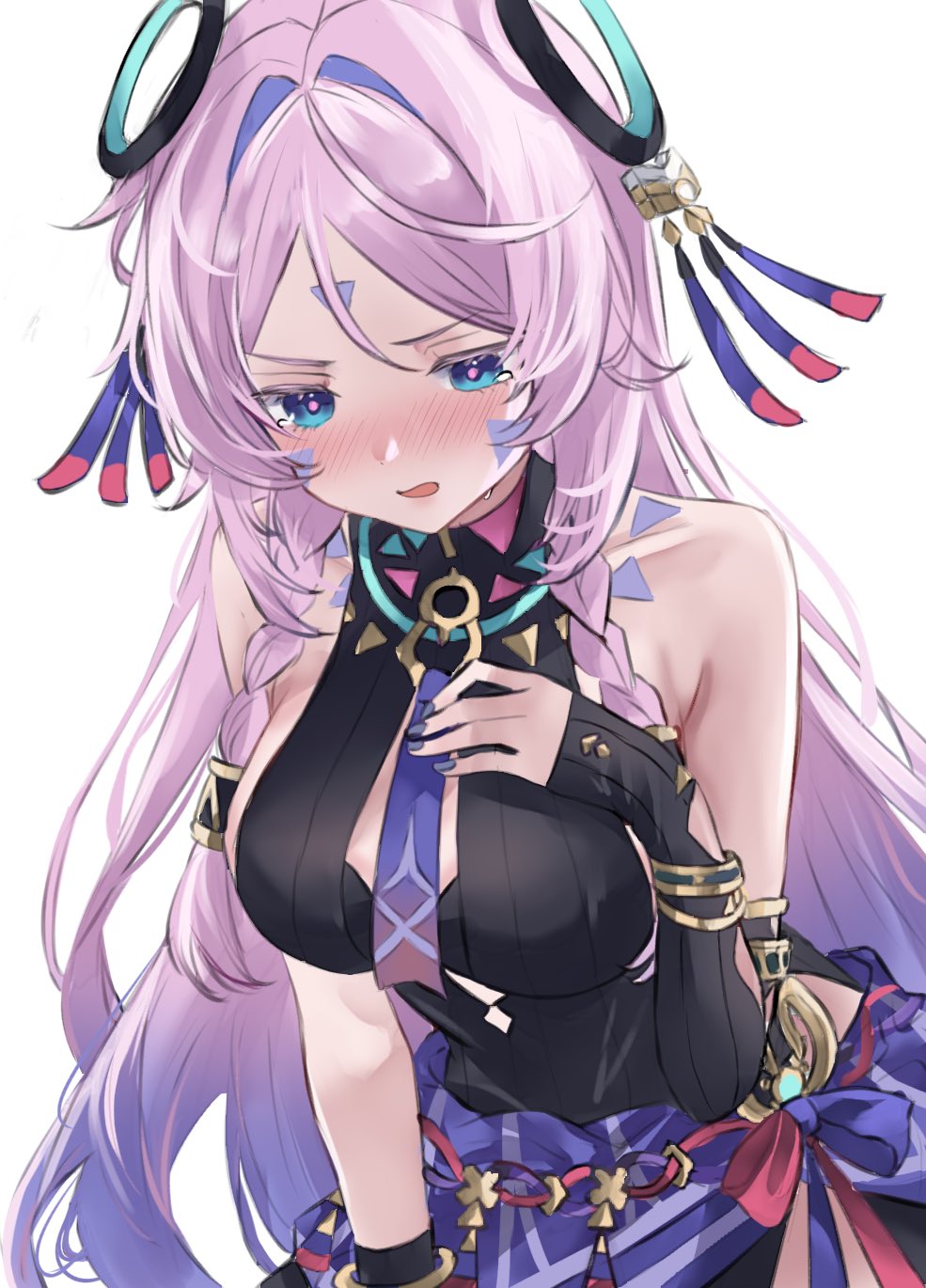 cobra (cobra 63), citlali (genshin impact), genshin impact, highres, 1girl, arm markings, bare shoulders, black leotard, blue eyes, blush, braid, facial mark, floating headgear, forehead mark, hair ornament, halter leotard, halterneck, headgear, leotard, long hair, looking down, multicolored hair, open mouth, pink hair, pink pupils, ribbed leotard, ring hair ornament, simple background, solo, triangle, triangle facial mark, twin braids, white background