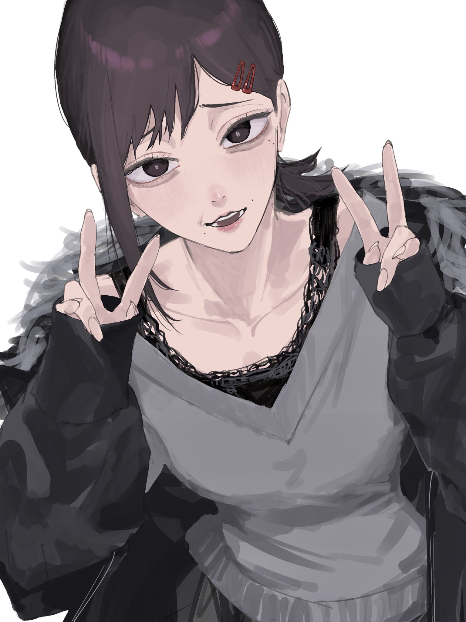 kohaa ku, higashiyama kobeni, chainsaw man, highres, 1girl, black coat, brown eyes, brown hair, coat, double v, grey sweater, mole, mole under eye, mole under mouth, multiple moles, ponytail, short ponytail, simple background, single sidelock, solo, sweater, v, v-neck, white background