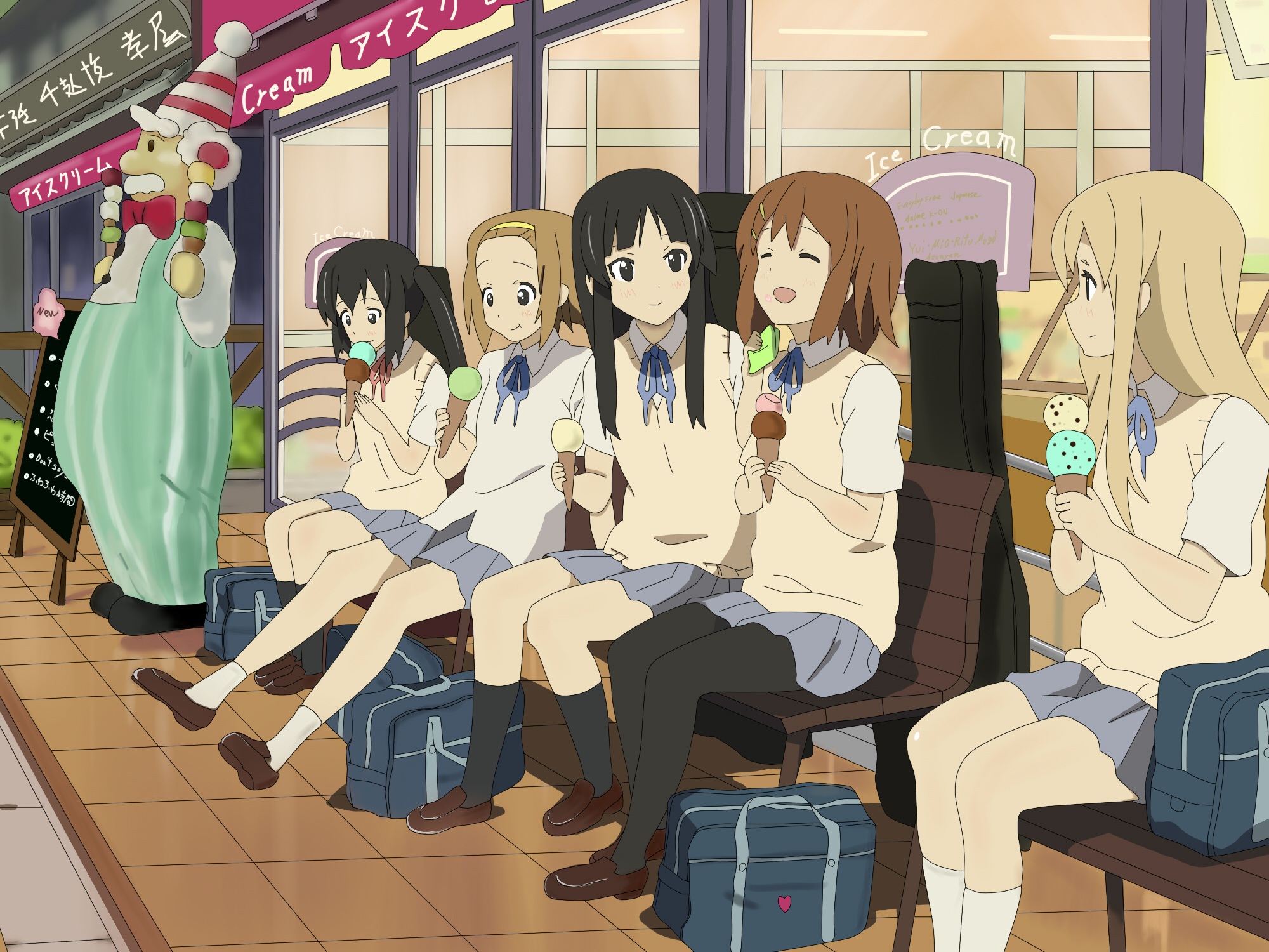 mikoto (pixiv), akiyama mio, hirasawa yui, kotobuki tsumugi, nakano azusa, tainaka ritsu, k-on!, bad id, bad pixiv id, highres, 00s, 5girls, bench, black hair, blunt bangs, brown hair, food, hair ornament, hairband, hairclip, hime cut, ho-kago tea time, ice cream, multiple girls, pantyhose, school uniform, sitting, twintails