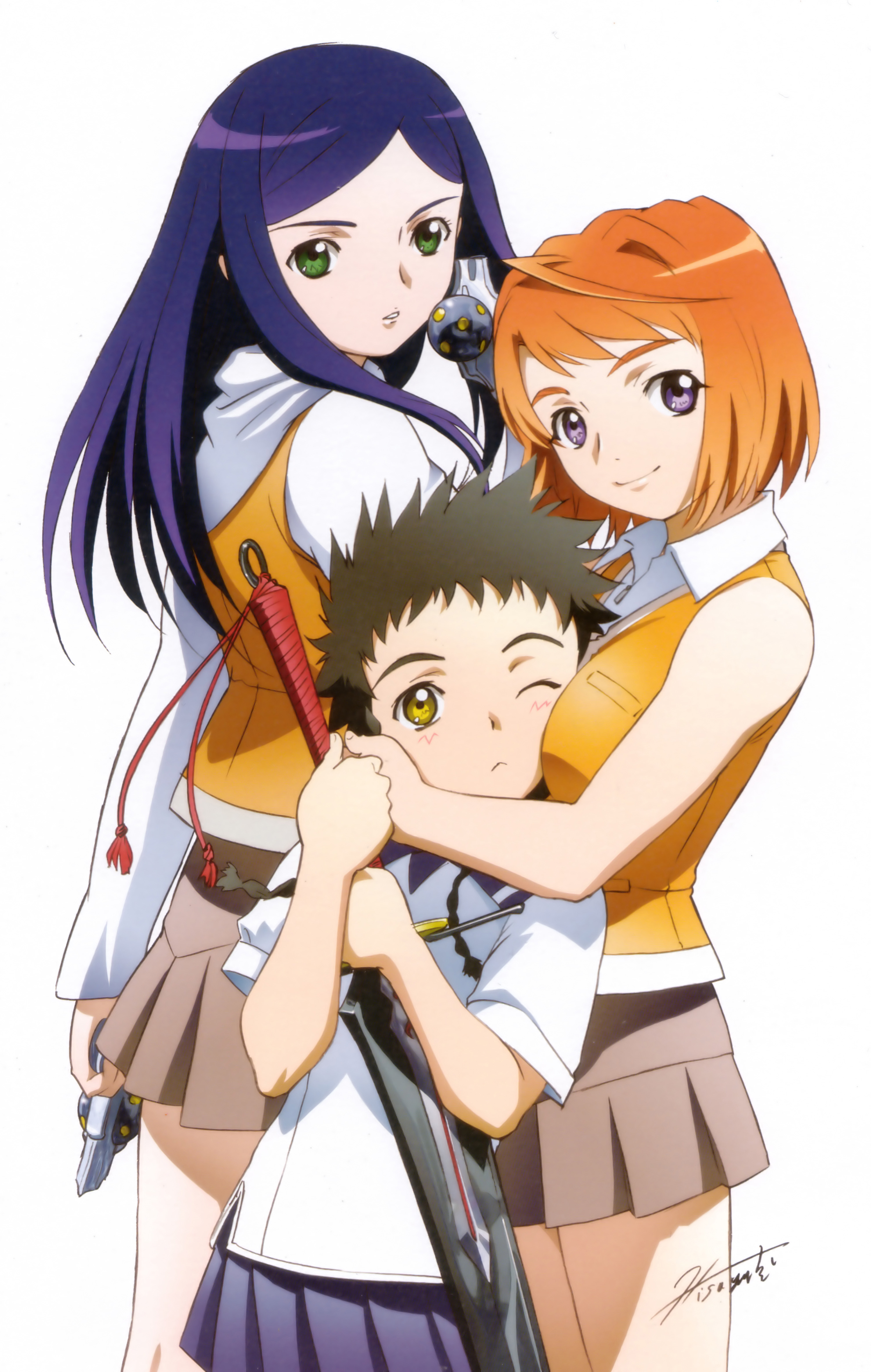 hisayuki hirokazu, kuga natsuki, minagi mikoto, tokiha mai, my-hime, absurdres, highres, official art, scan, 00s, 3girls, between breasts, blue hair, braid, breast press, breasts, green eyes, head on chest, height difference, hug, large breasts, long hair, multiple girls, orange hair, orange shirt, purple eyes, school uniform, shirt, short hair, skirt, smile, sword, twin braids, weapon, yellow eyes