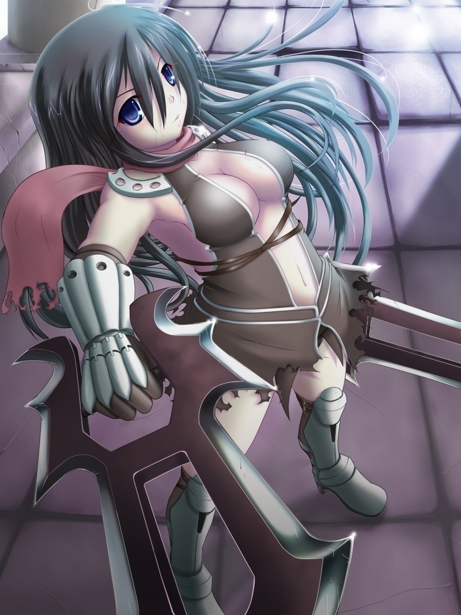 otama jaguchi, assassin cross (ragnarok online), ragnarok online, bad id, highres, md5 mismatch, resolution mismatch, source smaller, 1girl, blue eyes, breasts, dagger, female focus, gloves, jamadhar, knife, large breasts, long hair, scarf, sideboob, solo, weapon