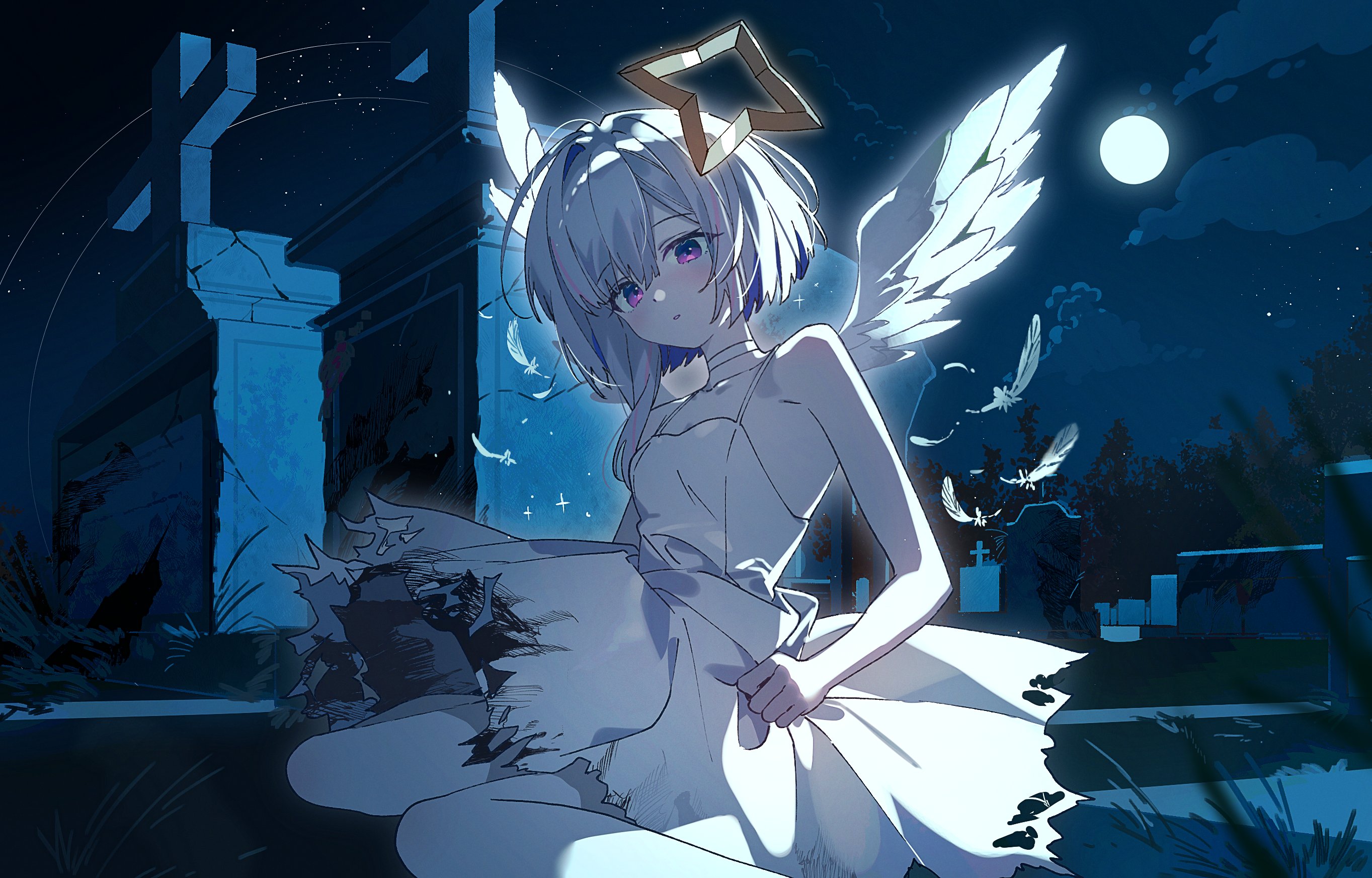stemiomio, amane kanata, hololive, 1girl, dress, graveyard, moon, night, sitting, tombstone, virtual youtuber, wariza, white dress, wings