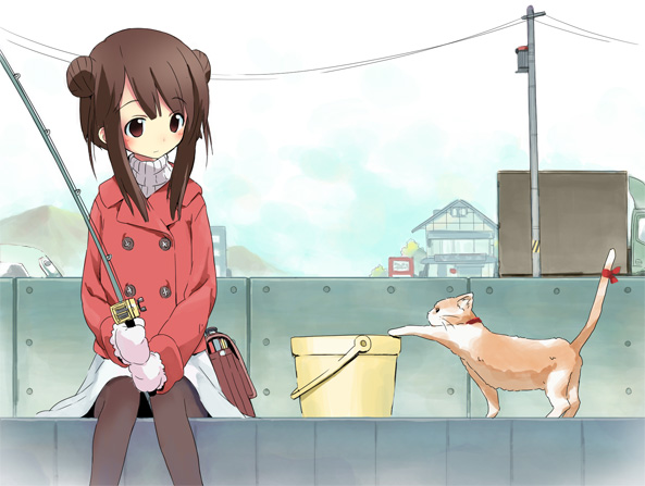 aikei ake, ake, original, bad id, bad pixiv id, 1girl, bag, brown eyes, brown hair, bucket, cat, coat, double bun, female focus, fishing rod, gloves, hair bun, pantyhose, ribbon, satchel, sidelocks, solo, tail, tail ornament, tail ribbon, turtleneck