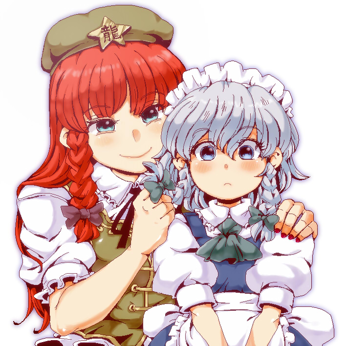 kakao (chocolate land), okoge senbei, hong meiling, izayoi sakuya, embodiment of scarlet devil, touhou, silver hair, bad id, bad pixiv id, 2girls, braid, female focus, hairband, hat, long hair, maid, multiple girls, red hair, ribbon, short hair, smile, twin braids
