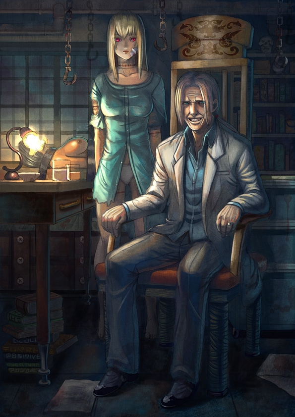 tatsunami takeshi, original, 1boy, 1girl, blonde hair, blue eyes, book, breasts, formal clothes, hook, large breasts, long hair, monster girl, nipples, no pants, panties, red eyes, scar, stitches, suit, torn clothes, underwear