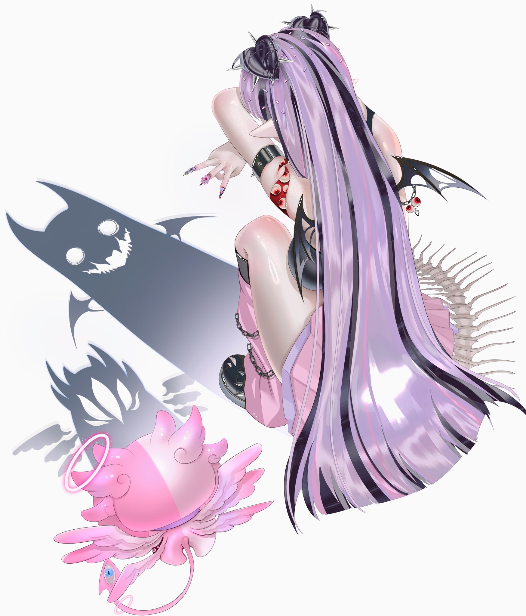 myuutew, sprinkle hershy, indie virtual youtuber, commentary, english commentary, highres, second-party source, 1girl, bat wings, black streaks, breasts, cat shadow puppet (meme), creature, different shadow, double bun, facing away, fingernails, from behind, full body, hair bun, hair sprinkles, heart hair bun, leg warmers, long hair, medium breasts, meme, multicolored hair, multicolored nails, nail polish, pink leg warmers, pink skirt, pointy ears, purple hair, shadow, simple background, skeletal tail, skirt, solo, spikes, sprinkles, squatting, streaked hair, tail, torn wings, vampire, virtual youtuber, white background, wings