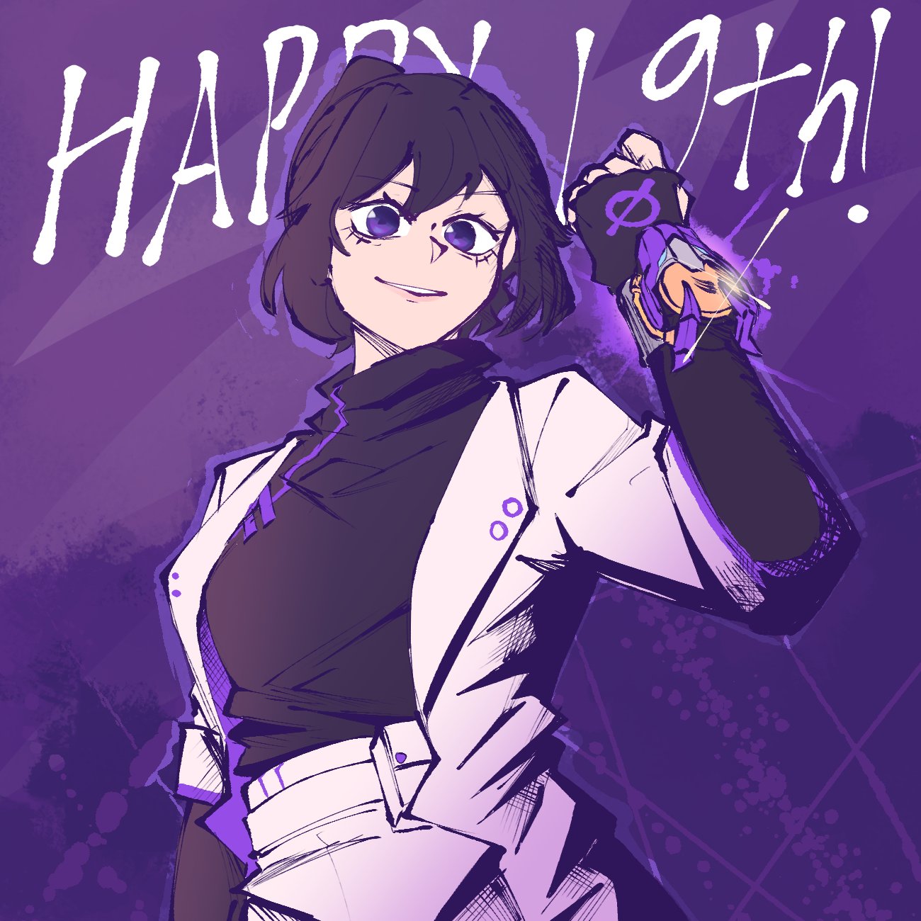 saikekuu, juuken sentai gekiranger, super sentai, character request, copyright request, highres, 1girl, black hair, black shirt, breasts, cowboy shot, gong changer, jacket, purple eyes, shirt, solo, white jacket