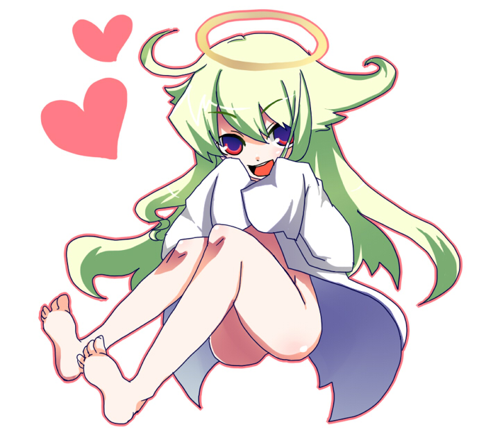 ebifurai, angelia avallone, aq interactive, arcana heart, arcana heart 2, atlus, examu, 1girl, ahoge, artistic error, bad anatomy, bad feet, barefoot, blonde hair, bottomless, feet, female focus, full body, green hair, halo, heart, legs, loli, long hair, long sleeves, naked shirt, no panties, open mouth, poorly drawn, red eyes, shirt, simple background, sitting, soles, solo