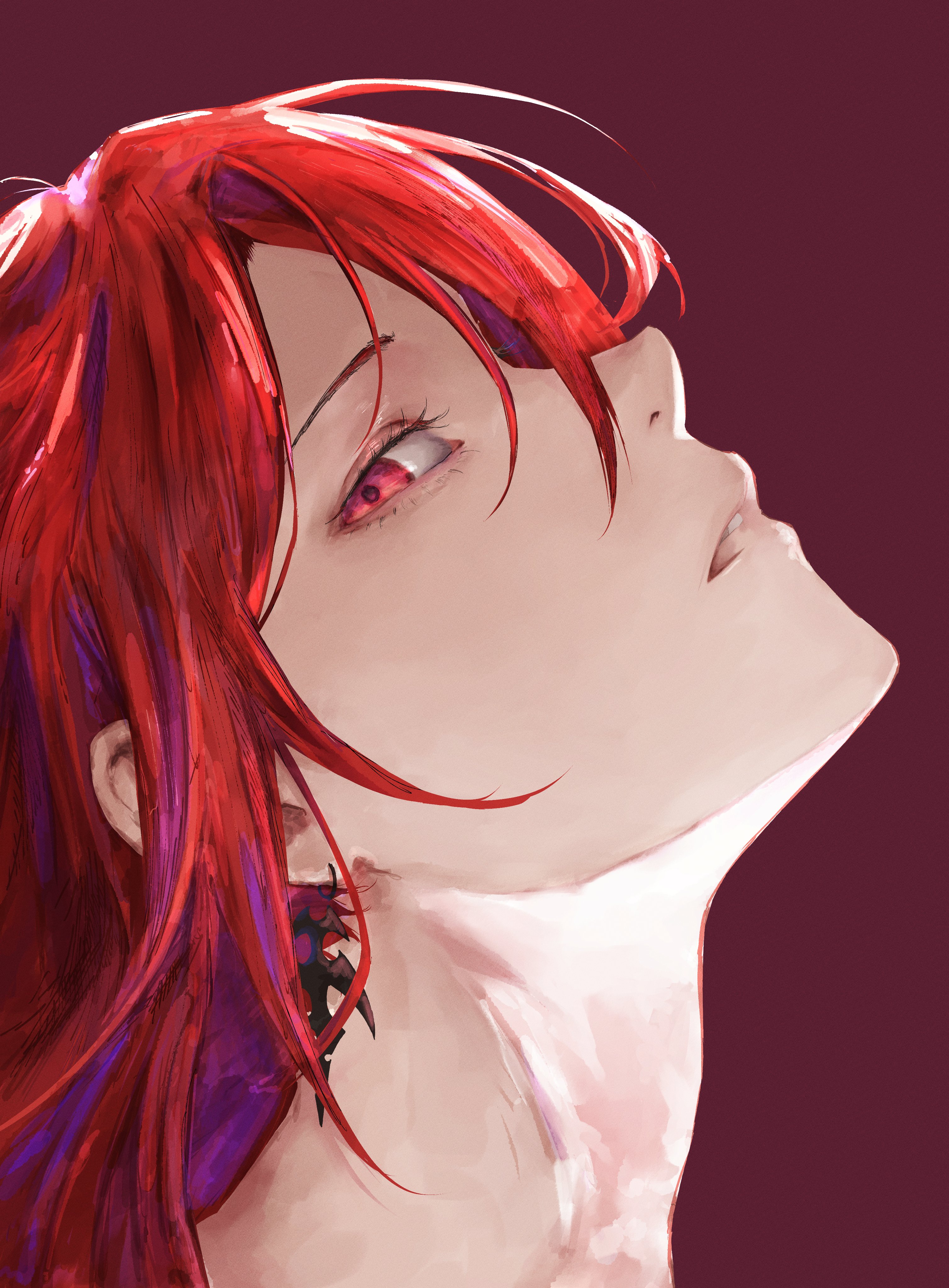 kizuru09, elizabeth rose bloodflame, hololive, hololive english, absurdres, highres, 1girl, earrings, jewelry, looking at viewer, purple background, red eyes, red hair, simple background, solo, virtual youtuber