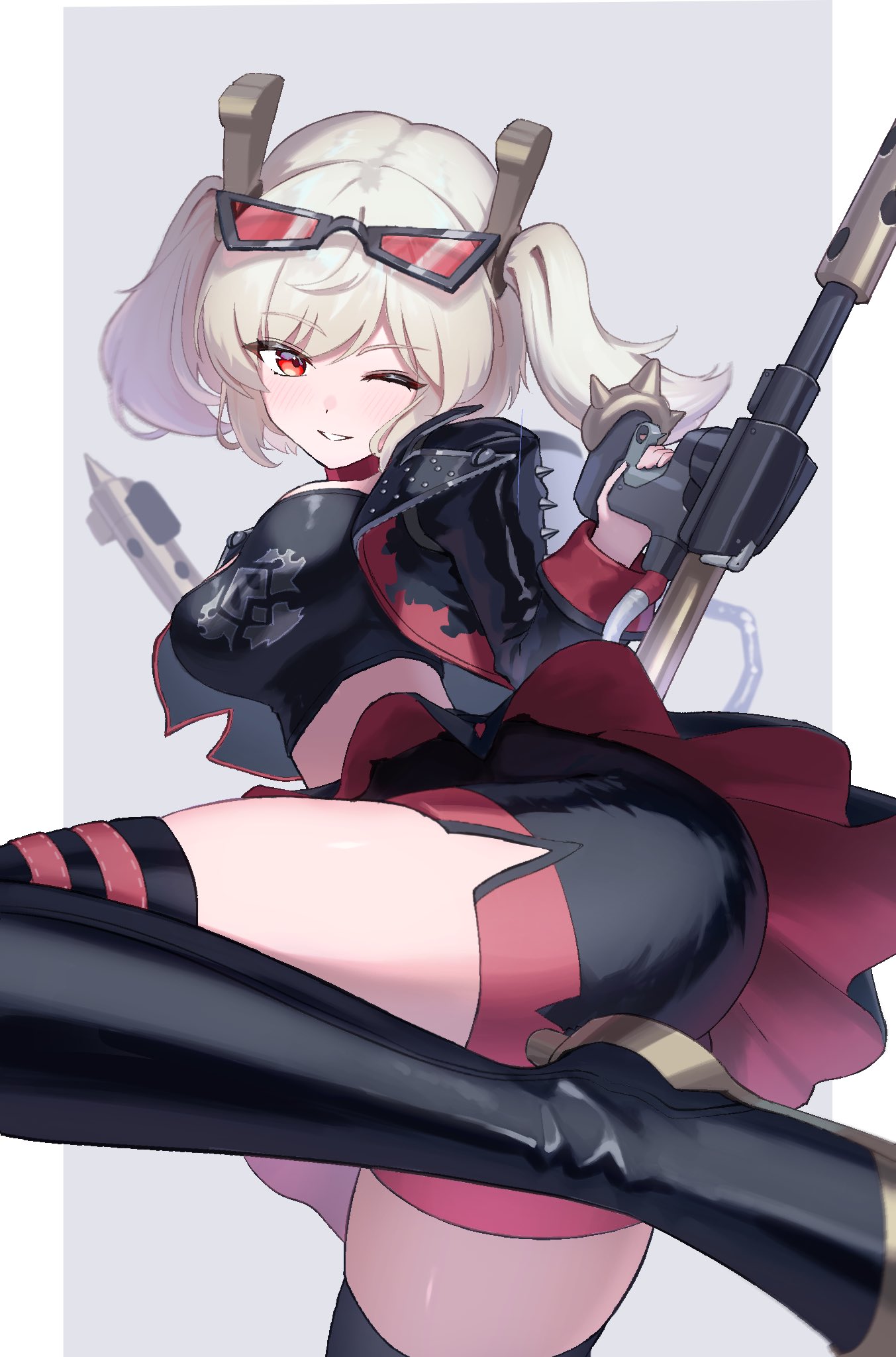 aimo wotku, burnice white, zenless zone zero, commentary request, highres, 1girl, ;d, ass, black-framed eyewear, black jacket, black shorts, black thighhighs, black tube top, blonde hair, blurry, blush, breasts, depth of field, eyes visible through hair, eyewear on head, fighting stance, flamethrower, grey background, grin, hair between eyes, hand up, holding, holding flamethrower, holding weapon, jacket, looking at viewer, medium breasts, medium hair, midriff, one eye closed, open clothes, open jacket, open mouth, red-tinted eyewear, red eyes, shorts, simple background, smile, solo, spiked sleeves, strapless, sunglasses, thighhighs, thighs, tinted eyewear, tube top, twintails, weapon