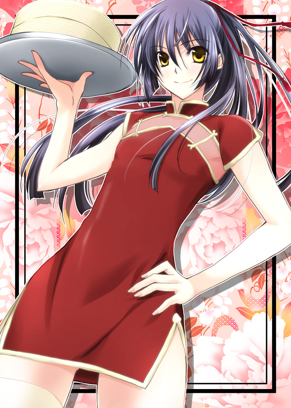 momoco, saotome alto, macross, macross frontier, bad id, bad pixiv id, 00s, 1boy, black hair, china dress, chinese clothes, crossdressing, crossdressing (mtf), dress, fingernails, long hair, male focus, nail (hardware), side slit, smile, solo, thighhighs, trap, yellow eyes, zettai ryouiki