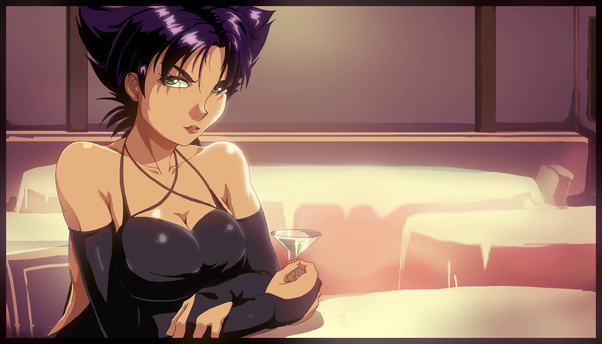 konoko (oni), oni (game), highres, non-web source, 1girl, black dress, breasts, cleavage, cocktail dress, cocktail glass, cup, dress, drinking glass, green eyes, holding, holding cup, large breasts, lips, purple hair, raised eyebrow, restaurant, round table, short hair, smile, solo, table