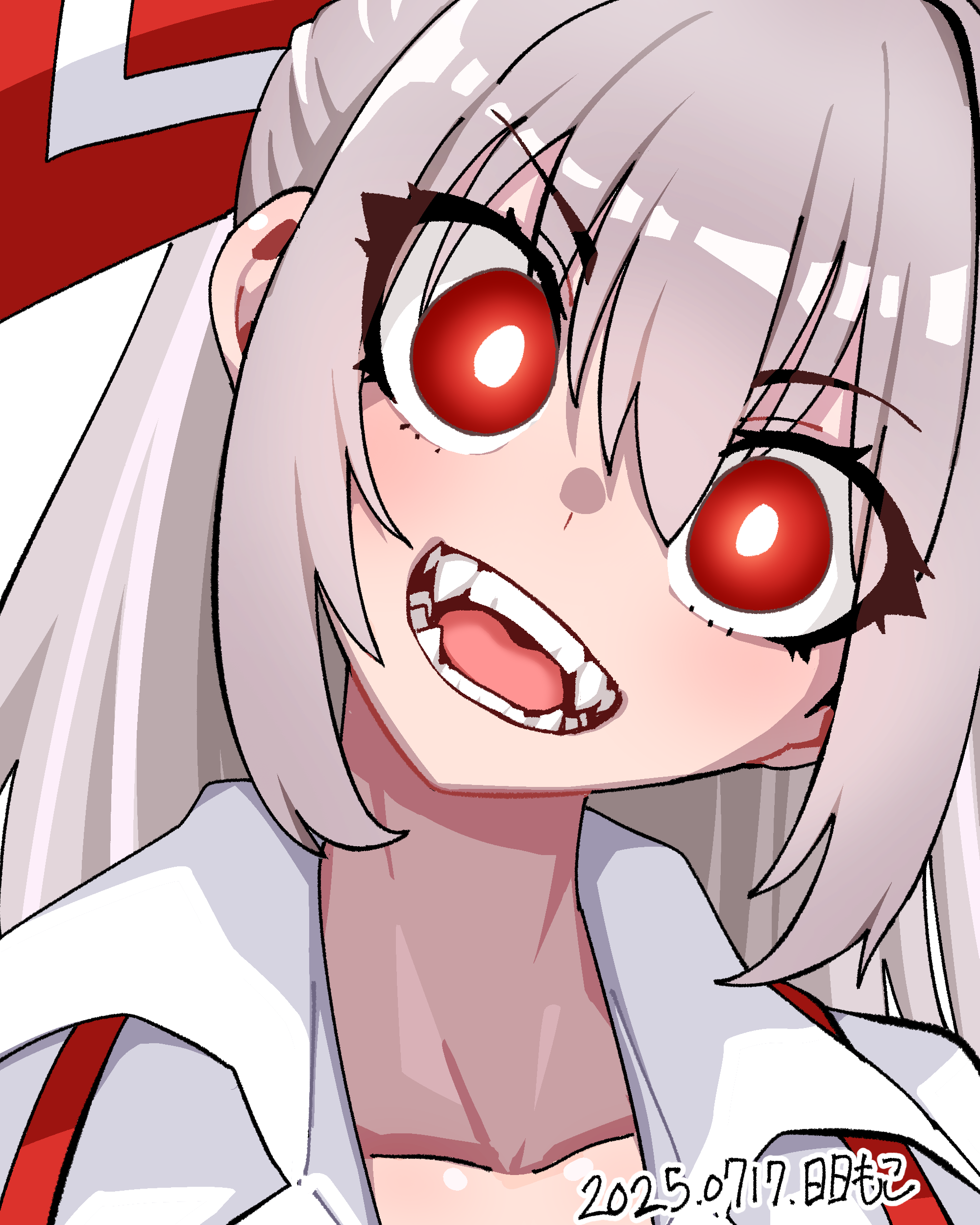 neophyte, fujiwara no mokou, touhou, absurdres, commentary request, highres, 1girl, :d, bow, bright pupils, collared shirt, dated, dot nose, eyelashes, fangs, grey hair, hair bow, long hair, open mouth, portrait, red bow, red eyes, red suspenders, shirt, simple background, smile, solo, suspenders, transparent background, white bow, white pupils, white shirt, wing collar