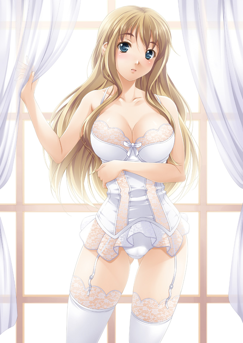 mukunokino isshiki, kotobuki tsumugi, k-on!, lace-trimmed legwear, 00s, 1girl, bare shoulders, blonde hair, blue eyes, breasts, cleavage, collarbone, corset, curtain grab, curtains, female focus, garter belt, lace, lace trim, large breasts, lingerie, long hair, panties, solo, teddy (lingerie), thick eyebrows, thighhighs, underwear, white panties, white thighhighs, window