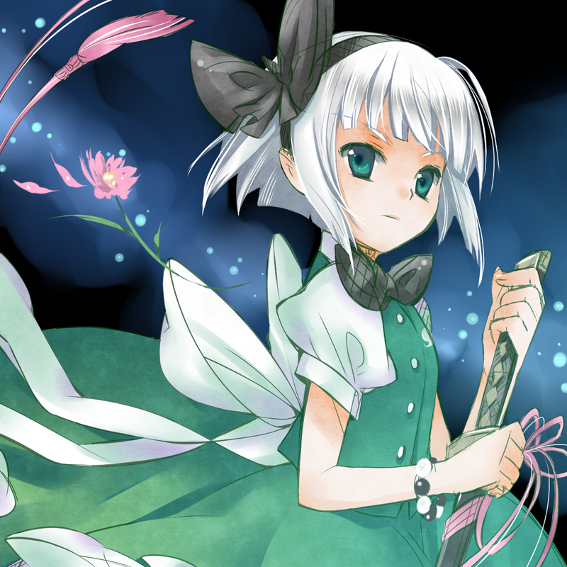 aya003030, konpaku youmu, touhou, bad id, bad pixiv id, 1girl, bow, bracelet, female focus, flower, green eyes, hairband, jewelry, katana, petals, sheath, sheathed, short hair, solo, sword, weapon, white hair