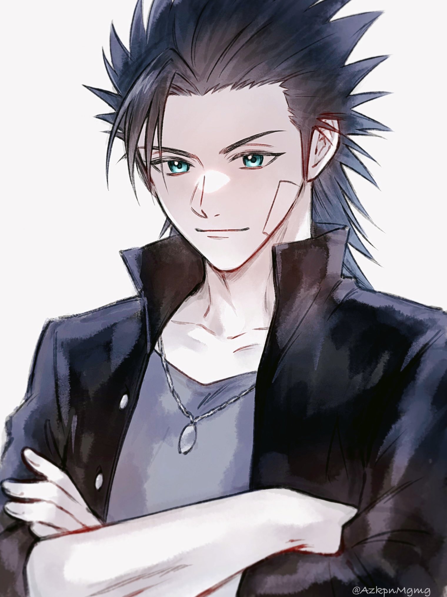 3wa tari, zack fair, final fantasy, final fantasy vii, final fantasy vii: ever crisis, commentary request, highres, 1boy, bandaid, bandaid on cheek, bandaid on face, black hair, black jacket, blue eyes, blue shirt, closed mouth, collarbone, crossed arms, gakuran, jacket, jewelry, looking at viewer, male focus, necklace, official alternate costume, open clothes, open jacket, school uniform, shirt, short hair, simple background, solo, spiked hair, upper body, zack fair (midgard seventh high school)