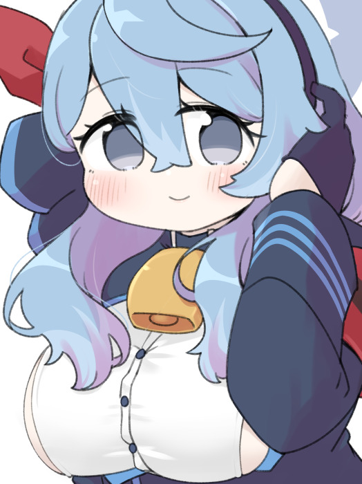 miranofuudoria, ako (blue archive), blue archive, 1girl, bell, black gloves, black hairband, black jacket, blue hair, blush stickers, breasts, closed mouth, gloves, grey eyes, hair between eyes, hairband, half gloves, halo, hand up, jacket, large breasts, neck bell, shirt, sideboob, simple background, smile, solo, upper body, white background, white shirt