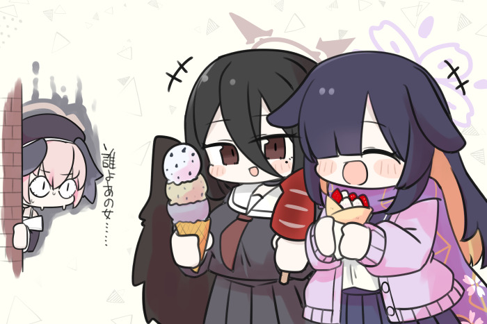 miranofuudoria, hasumi (blue archive), koharu (blue archive), tsukuyo (blue archive), blue archive, translation request, <|> <|>, +++, 3girls, :d, ^ ^, beret, black hair, black hat, black serafuku, black shirt, black skirt, black wings, blush stickers, breasts, brick wall, brown background, brown eyes, brown hair, cardigan, closed eyes, crepe, food, hair between eyes, halo, hat, holding, holding food, ice cream, ice cream cone, ikayaki, large breasts, long sleeves, multicolored hair, multiple girls, multiple scoops, off shoulder, open cardigan, open clothes, open mouth, peeking out, pink hair, pleated skirt, puffy long sleeves, puffy sleeves, purple cardigan, sailor collar, school uniform, serafuku, shirt, simple background, skirt, smile, sweat, two-tone hair, white sailor collar, white shirt, wings