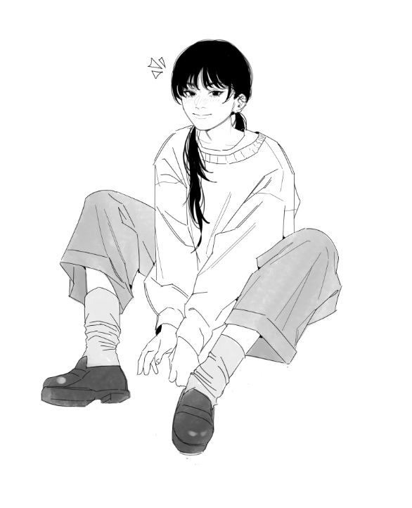 bludraws, mitaka asa, chainsaw man, 1girl, closed mouth, loafers, long hair, looking at viewer, low twintails, notice lines, on ground, pants, shoes, smile, socks, solo, sweater, twintails