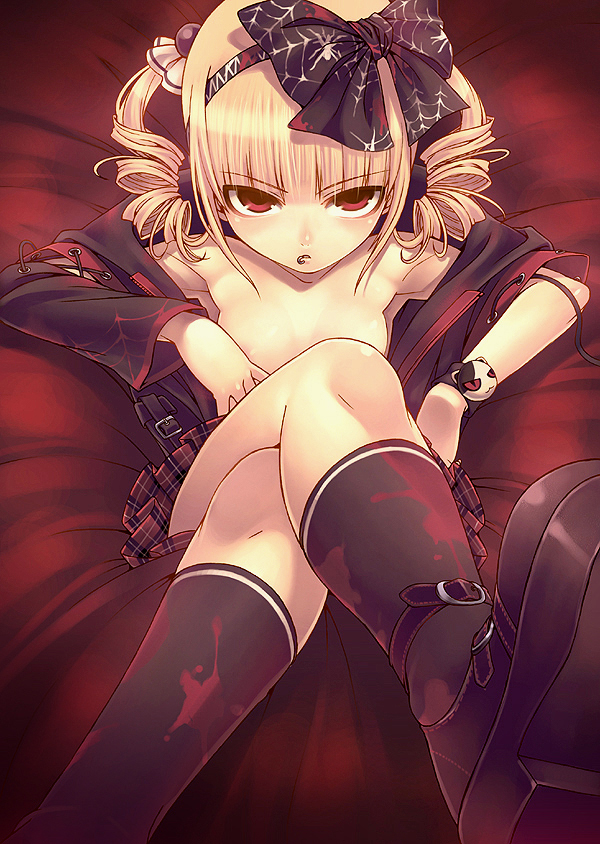 tasaka shinnosuke, kuroba nao, hitokata no ou, duplicate, 1girl, black socks, blonde hair, bow, crossed legs, drill hair, female focus, flat chest, hair bow, jacket, kneehighs, long hair, looking at viewer, petite, piercing, plaid clothes, plaid skirt, red eyes, shoes, sitting, skirt, socks, solo, staring, topless female, twintails