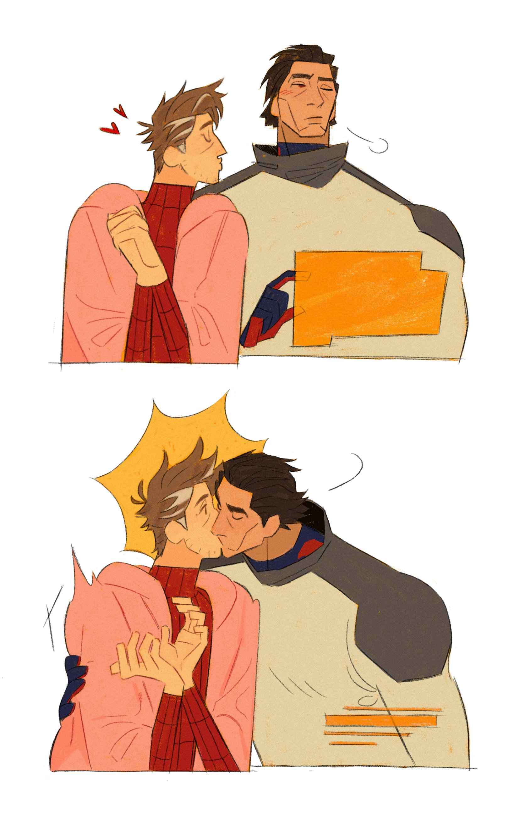 dingnin98201637, miguel o'hara, peter b parker, marvel, spider-man: across the spider-verse, spider-man (series), spider-verse, absurdres, commentary, highres, symbol-only commentary, 2boys, arm around shoulder, arms up, black hair, blush, bodysuit, brown eyes, brown hair, closed eyes, closed mouth, grey hair, hair slicked back, heart, hood, hooded jacket, jacket, kiss, male focus, multicolored hair, multiple boys, one eye closed, open clothes, open jacket, own hands together, pink jacket, puff of air, red bodysuit, short sideburns, simple background, spider web print, streaked hair, superhero costume, surprised, sweater, white background, yaoi