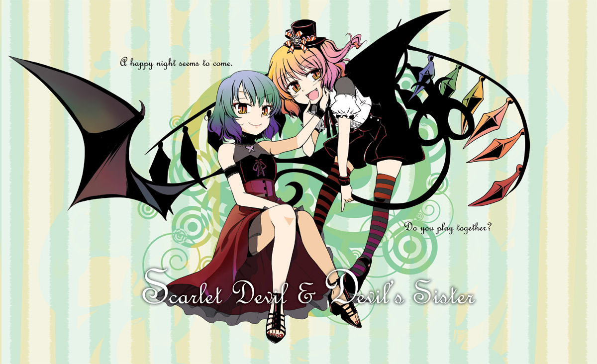 mikagami hiyori, flandre scarlet, remilia scarlet, touhou, striped legwear, 2girls, bat wings, female focus, gradient hair, hat, multicolored hair, multiple girls, ponytail, red eyes, sandals, short hair, siblings, side ponytail, sisters, striped clothes, striped thighhighs, thighhighs, uchiwa (medium), wings