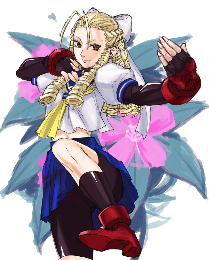 tetsu (kimuchi), kanzuki karin, kasugano sakura, capcom, street fighter, street fighter zero (series), 1girl, antenna hair, bike shorts, bike shorts under skirt, blonde hair, boots, brown eyes, cosplay, curly hair, drill hair, female focus, fighting stance, fingerless gloves, gloves, kasugano sakura (cosplay), midriff, ringlets, school uniform, serafuku, shorts, shorts under skirt, socks, solo