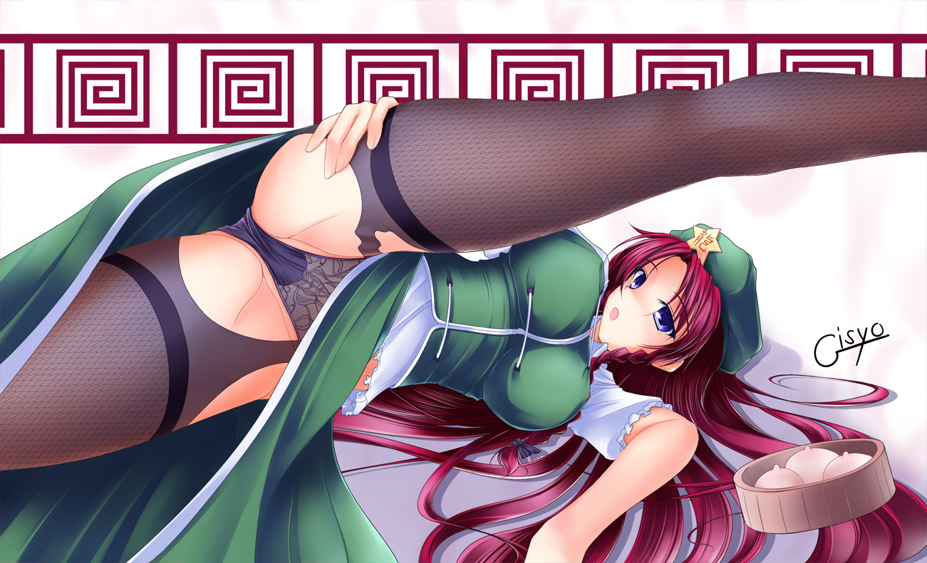 gisyo, hong meiling, touhou, bad id, bad pixiv id, 1girl, beret, black panties, blue eyes, braid, breasts, china dress, chinese clothes, cleavage, dress, female focus, food, from below, garter straps, garterhose, hat, kicking, lingerie, long hair, panties, pantyhose, pantyshot, red hair, ribbon, solo, split, spread legs, thighhighs, thighs, twin braids, underwear, upskirt