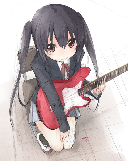 kokonoka, nakano azusa, k-on!, 00s, 1girl, black hair, female focus, from above, full body, guitar, instrument, looking up, mouth hold, mustang (guitar), neck ribbon, plectrum, red ribbon, ribbon, school uniform, sitting, solo, twintails