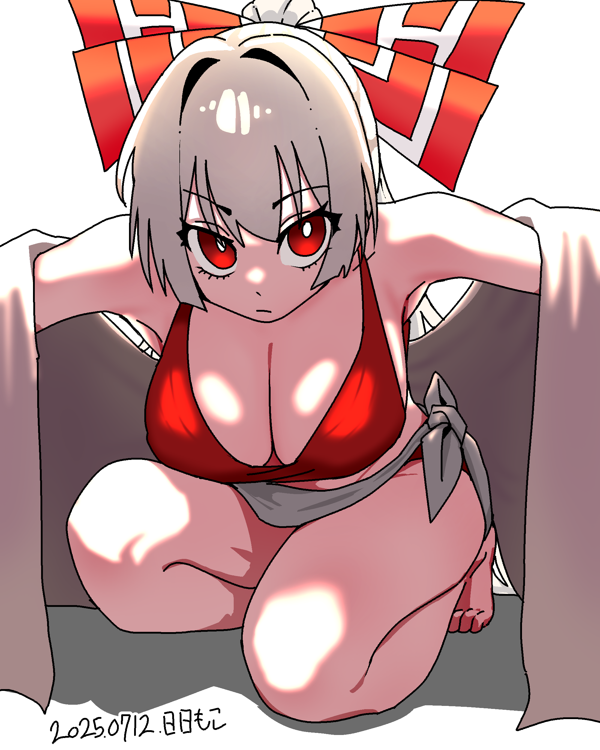 neophyte, fujiwara no mokou, touhou, absurdres, highres, 1girl, :|, bikini, bow, breasts, bright pupils, closed mouth, dated, dot nose, grey hair, grey sarong, hair bow, large breasts, long hair, looking at viewer, outstretched arms, ponytail, red bikini, red bow, red eyes, sarong, simple background, solo, spread arms, squatting, swimsuit, towel, white background, white bow, white pupils