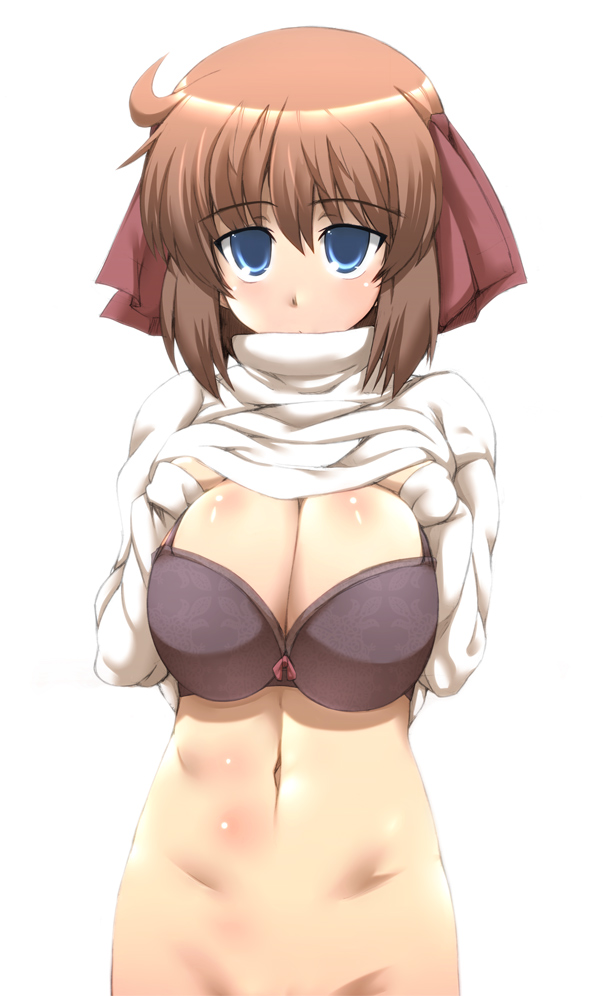 tokyo (great akuta), hirokawa takemi, jikkyou powerful pro yakyuu, power pro kun pocket, power pro kun pocket 9, 1girl, black bra, blue eyes, blush, body blush, bow, bra, breasts, breasts squeezed together, brown hair, cleavage, clothes lift, female focus, hair bow, large breasts, lingerie, navel, no panties, shirt lift, short hair, solo, sweater, turtleneck, underwear, upper body
