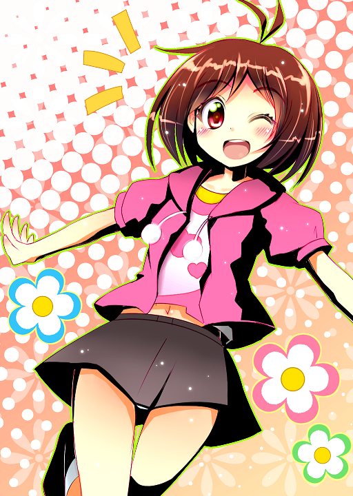 npon515, hidaka ai, idolmaster, 00s, 1girl, antenna hair, black skirt, blush, cropped legs, female focus, flower, hood, hoodie, jacket, looking at viewer, miniskirt, navel, one eye closed, open mouth, outstretched arms, pink jacket, pink shirt, puffy short sleeves, puffy sleeves, red eyes, shirt, short hair, short sleeves, skirt, solo, thigh gap, wink