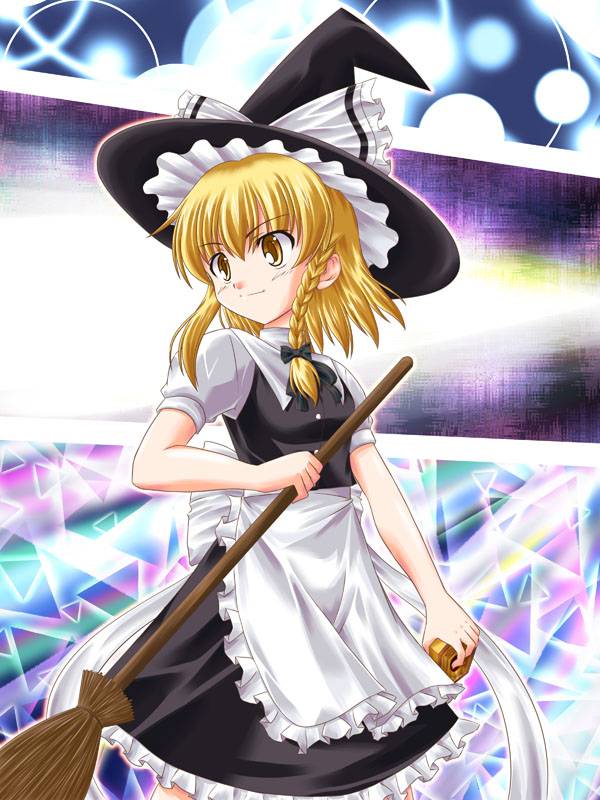 tora (artist), tora (gatling cat), tora (gatlingcat), kirisame marisa, touhou, 1girl, apron, blonde hair, braid, broom, female focus, hat, mini-hakkero, ribbon, short hair, solo, witch, witch hat, yellow eyes