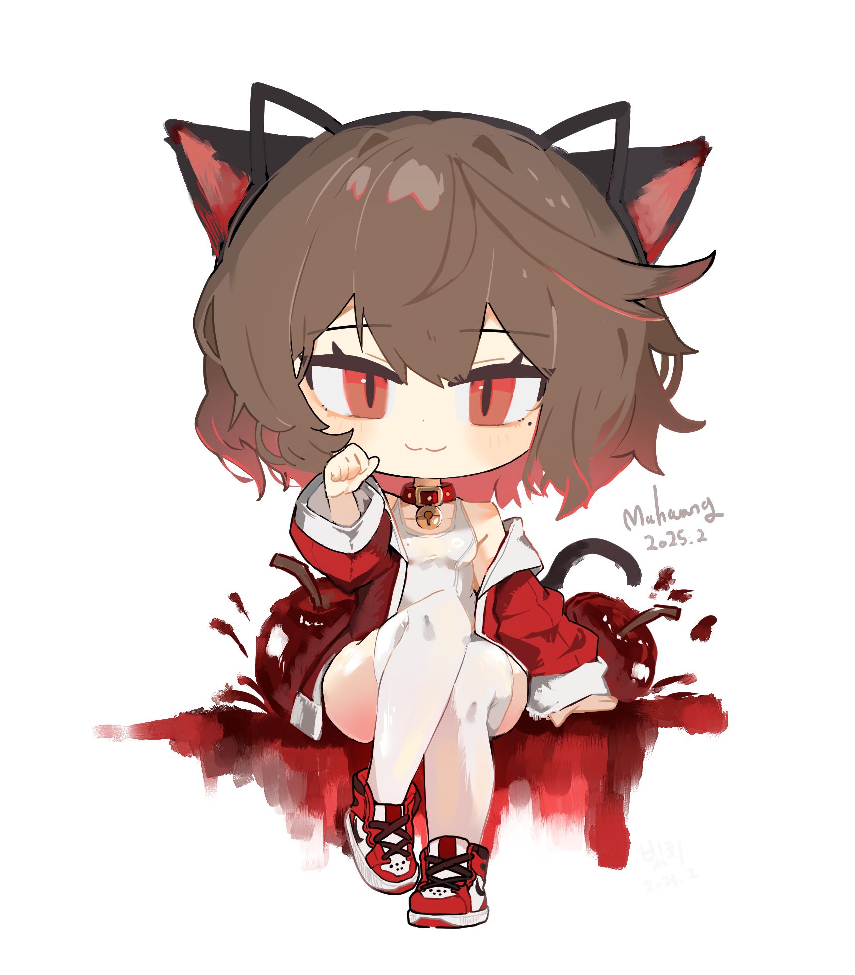 mahwang500 (ma-hwang), prunechi, air jordan 1, original, commentary, commission, highres, korean commentary, second-party source, 1girl, :3, animal collar, animal ear hairband, animal ears, arm support, artist name, bare shoulders, bell, belt collar, black tail, breasts, brown hair, cat ear hairband, cat ears, cat tail, chibi, closed mouth, collar, dated, fake animal ears, hairband, jacket, legs together, looking at viewer, mole, mole on breast, mole under eye, neck bell, off shoulder, one-piece swimsuit, paw pose, red eyes, red jacket, red shoes, shoes, short hair, sitting, slit pupils, sneakers, swimsuit, tail, thighhighs, white background, white one-piece swimsuit, white thighhighs