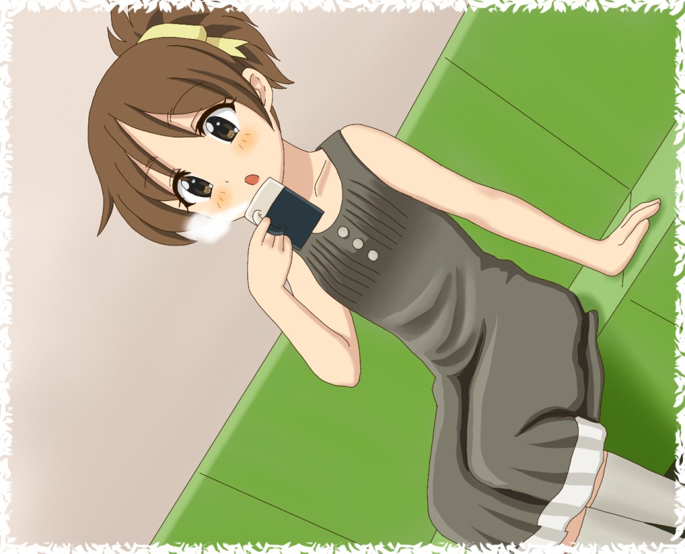 chunpai, hirasawa ui, k-on!, 00s, 1girl, arm support, brown eyes, brown hair, couch, cup, dress, dutch angle, female focus, green upholstery, mug, ponytail, short hair, solo