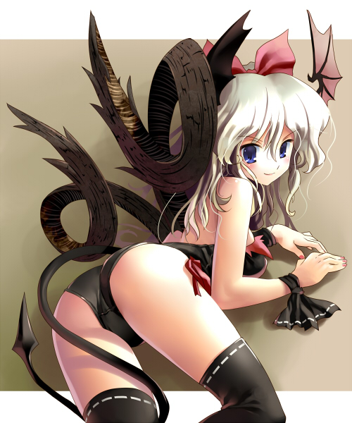 katahira masashi, original, 1girl, ass, black thighhighs, bow, demon girl, demon tail, female focus, hair bow, head wings, lying, nail polish, on side, pink nails, smile, solo, tail, thighhighs, white hair, wings, wrist cuffs