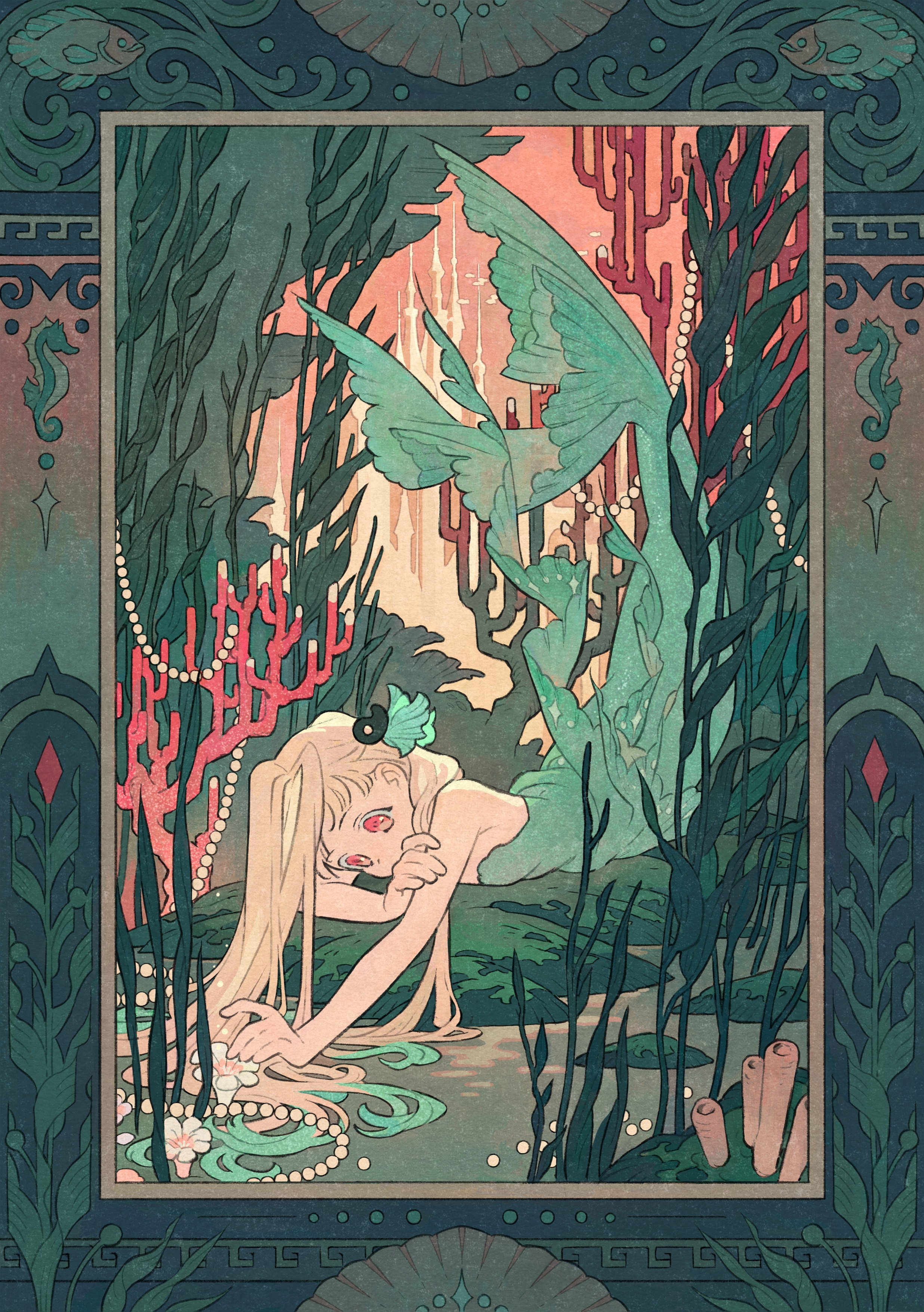 clefs27, yashiro nene, jibaku shounen hanako-kun, absurdres, highres, 1girl, alternate costume, aqua hair, aqua tail, blonde hair, border, castle, clam shell, color contrast, colored tips, coral, covered mouth, fish, flower, frills, full body, gem, hand on own arm, long hair, lying, mermaid, monster girl, multicolored eyes, multicolored hair, on stomach, ornate border, pearl (gemstone), pink eyes, school of fish, seafloor, seahorse, seaweed, short bangs, solo, string of pearls, two-tone eyes, two-tone hair, underwater, underwater city, white flower, yellow eyes