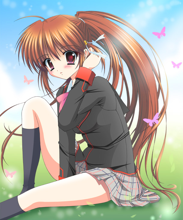 mizuki chika, natsume rin, little busters!, bad id, bad pixiv id, brown hair, bug, butterfly, insect, long hair, plaid clothes, plaid skirt, ponytail, red eyes, school uniform, skirt, solo