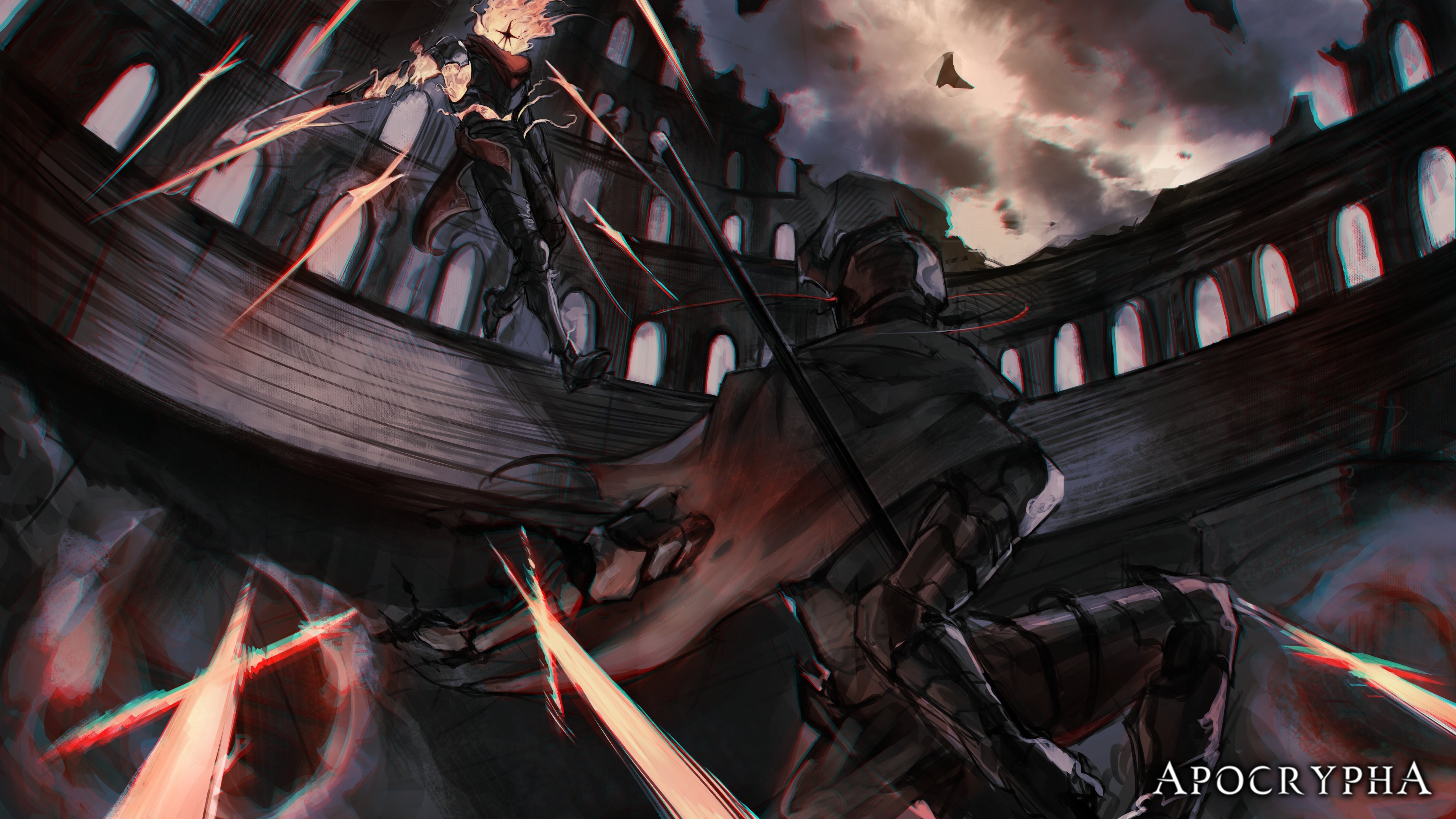 logicsterrr, fate/apocrypha, fate (series), absurdres, character request, check copyright, copyright request, highres, 2others, armor, cape, colosseum, debris, faceless, facing another, fighting, floating, floating object, floating sword, floating weapon, from below, full body, helmet, holding, holding sword, holding weapon, horns, knight, multiple others, multiple weapons, outstretched leg, rock, ruins, sword, weapon